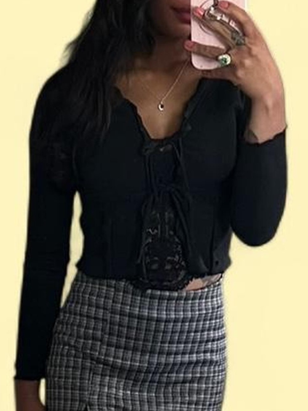 Kimchi Blue Black Lace-Trim Ribbed Long-Sleeve Crop Top